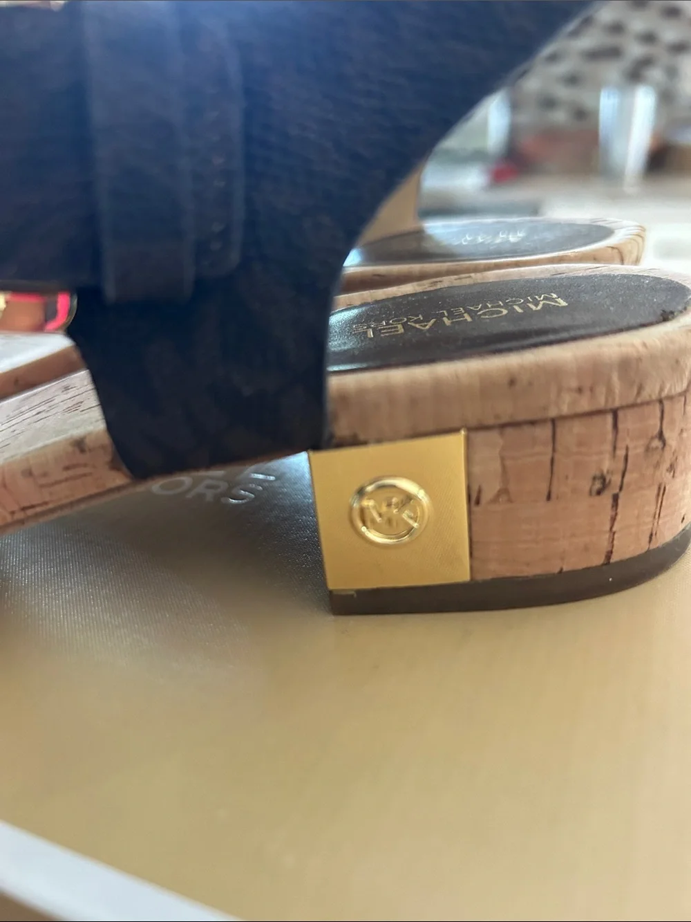 Michael Kors Black Laser-Cut Cork Wedge Thong Sandals